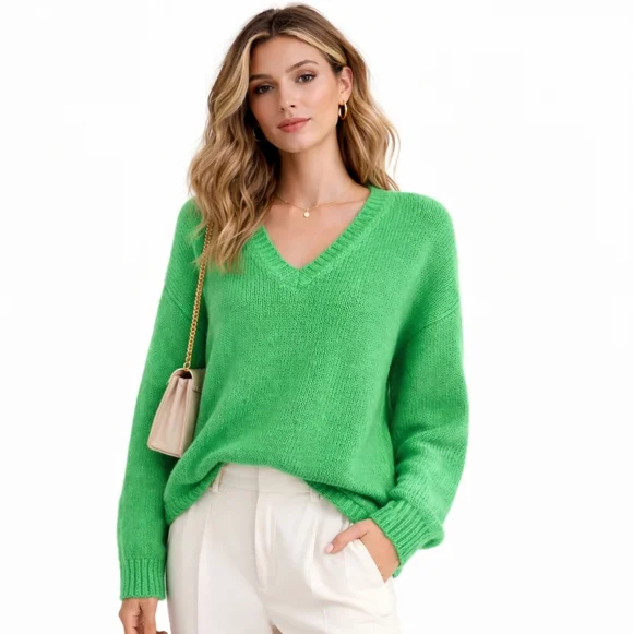 WOODEN SHIPS Mohair Wool Sweater V-Neck Soft Knit Pullover Oversized Green S M - Picture 9 of 10